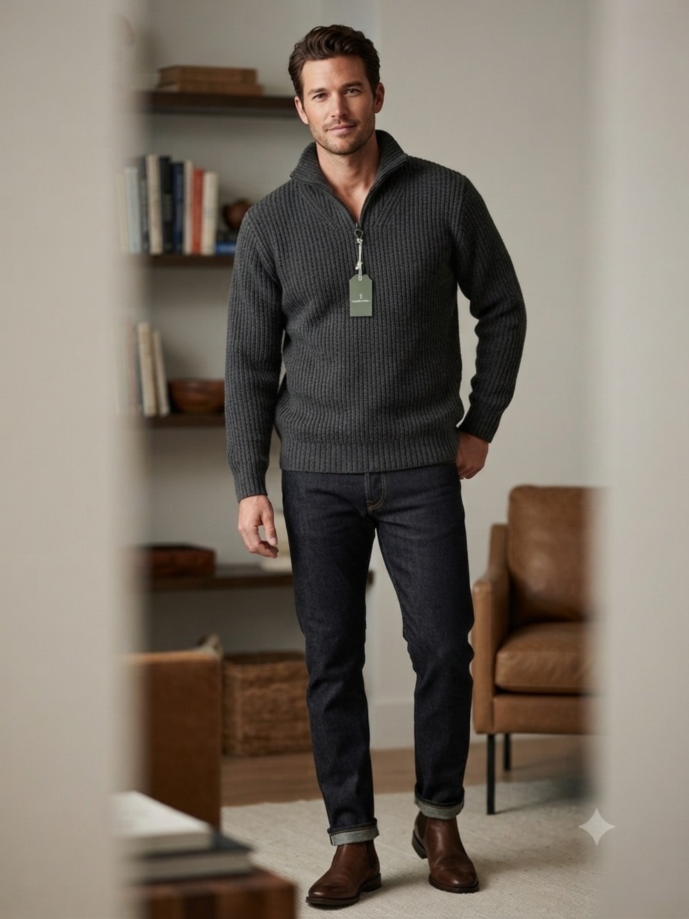 jcpenney Men's Charcoal Zip-Neck Ribbed Sweater